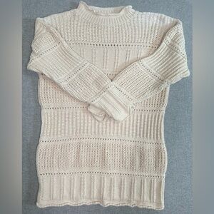 VTG Roll Neck Open Chunky Knit Sweater Cream Roll Cuff Fisherman Cabin‎ Plus 2X